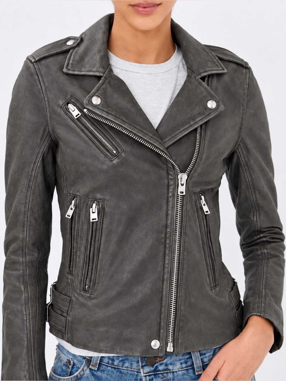 IRO Han Lamb Leather Distressed Gray Moto Biker Jacket FR 38 US 6